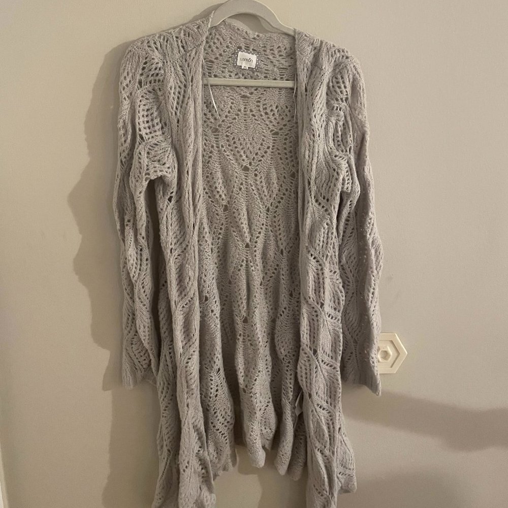 Soft Light Grey Crochet Knitted Long Cardigan Sweater